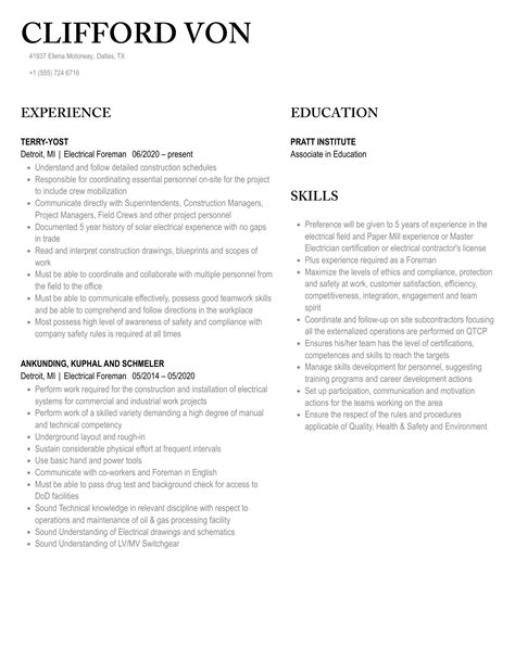 Electrical Foreman Resume Samples | Velvet Jobs