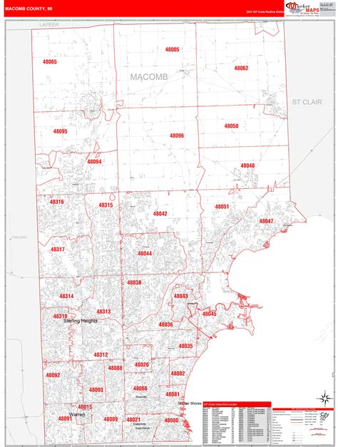 Macomb County, MI Zip Code Wall Map Red Line Style by MarketMAPS - MapSales