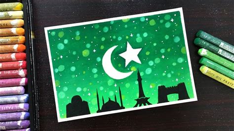 Pakistan Independence day drawing with Oil pastels | 14th August Drawing | Pakistan Flag Painti ...
