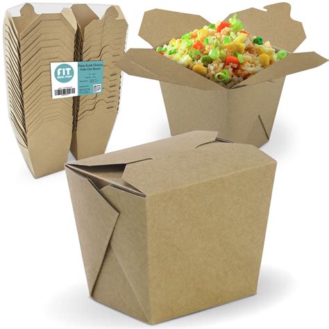 [50 Pack] 32 oz Chinese Take Out Boxes - 4.5x4” Plain Kraft Paperboard Food Containers, Leak and ...