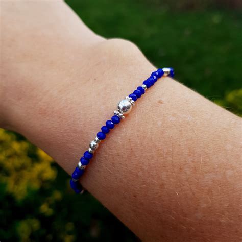 Tiny blue crystal stretch bracelet Sterling Silver or Gold Fill small ...