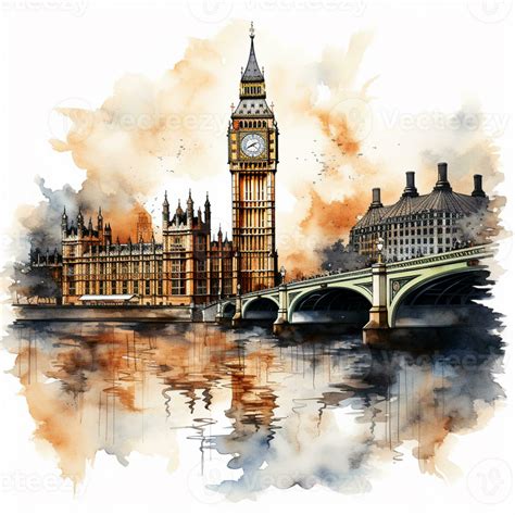 painting of a watercolor painting of a clock tower and bridge ...