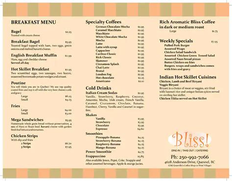 Bliss Menu, Menu for Bliss, Quesnel, Quesnel - Urbanspoon/Zomato