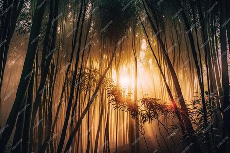 Premium AI Image | Bamboo forest at sunrise with the sun peeking through the trees