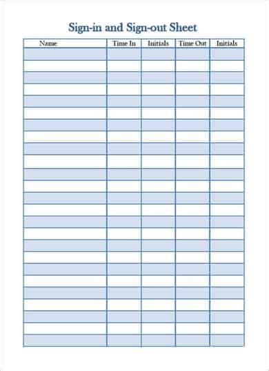 Printable Sign In And Out Sheet Template