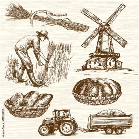 Farmer harvesting wheat. Hand drawn collection. - Buy this stock vector ...