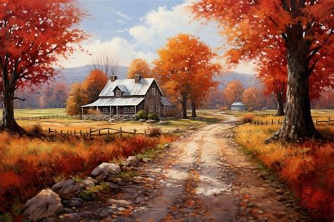 Premium AI Image | painting of a country road with a barn and trees in ...