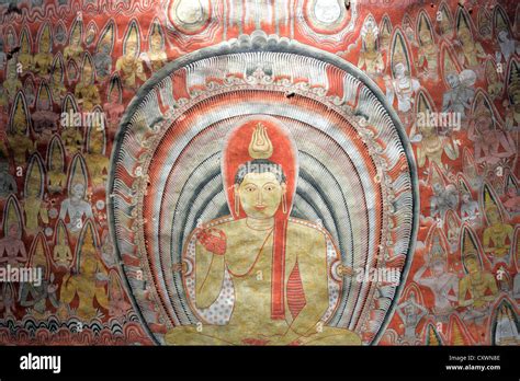 Wall painting in interior of Dambulla Cave Buddhist temple in Dambulla, Sri Lanka Stock Photo ...