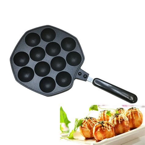 12 Holes Takoyaki Pan Keeper Nonstick Cast Aluminum Baking Tray Takoyaki Maker Cake Pan (Black ...