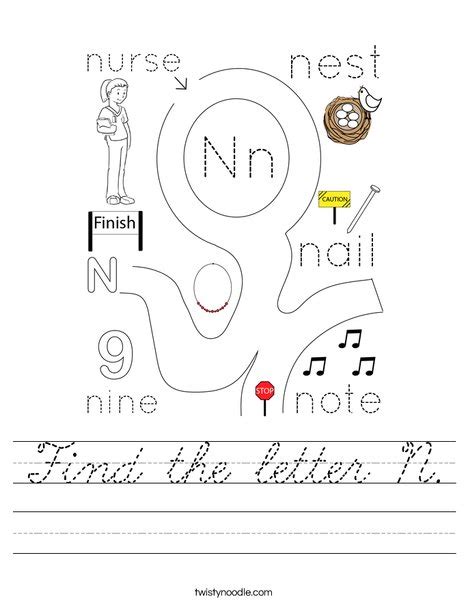 Find the letter N Worksheet - Cursive - Twisty Noodle