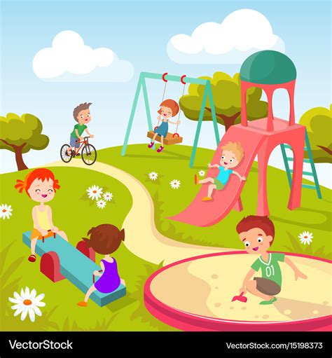 Happy Cartoon Kids On Playground Cartoon Graphics Illustration | Images and Photos finder