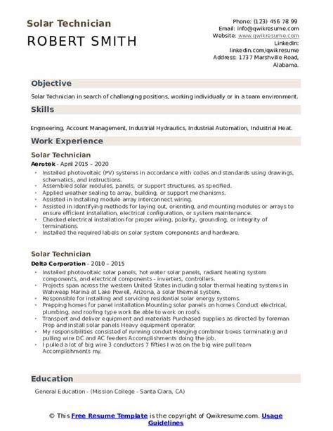 Solar Technician Resume Samples | QwikResume