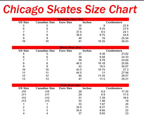 Chicago Roller Skates Size Chart | Roller Skate Size Chart