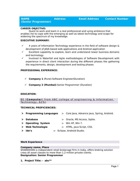 Indian Resume Template Download