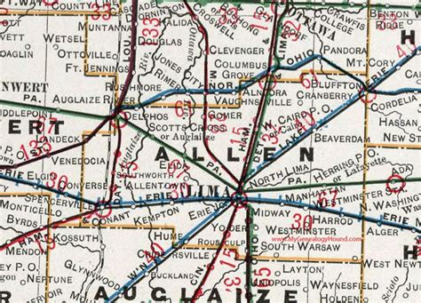 Allen County, Ohio, 1901, Map, Lima, OH, Delphos, Elida, Spencerville, Bluffton, Beaverdam ...