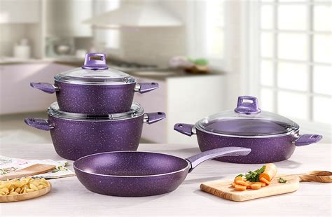 7 pcs Hard Anodized Aluminium Cookware Set, Purple(2 Deep Pots, 1 Shallow Pot, 1 Fry Pan ...
