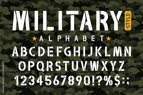 Military stencil font on camouflage background. Stencil alphabet with numbers in retro army ...