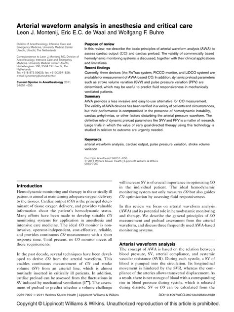 (PDF) Arterial waveform analysis in anesthesia and critical care