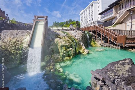 Yubatake onsen, hot spring wooden boxes with mineral water in Kusatsu onsen, Gunma prefecture ...