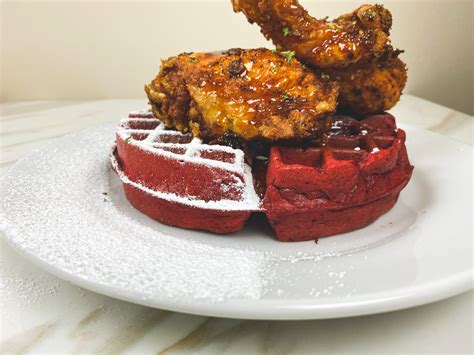 Fried Chicken And Red Velvet Waffles