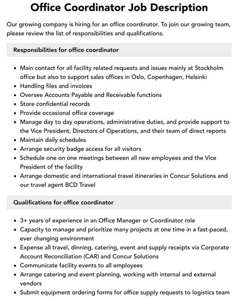 Office Coordinator Job Description | Velvet Jobs