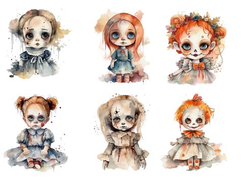 Halloween Scary Dolls Bundle, 20 Beautiful PNG Images, Watercolor ...