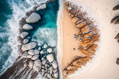 Premium Photo | An aerial view of a beach with rocks and the ocean in ...