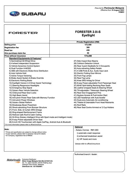 Pricesheet Forester 2.0i-S EyeSight - PM (16 Aug'23) - Paul Tan's Automotive News