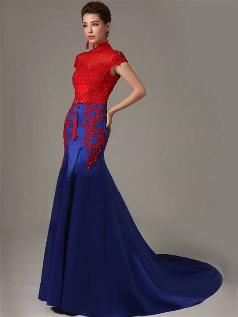 blue chinese dress | Red and blue dress, Backless evening dress ...