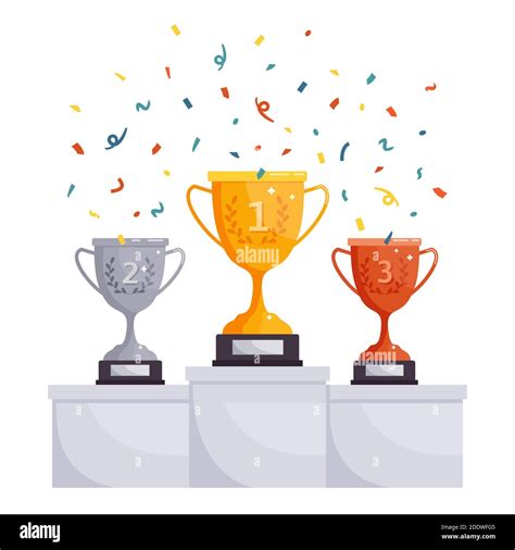 Winner podium cups. Gold, silver, bronze rewards, competition trophy cups, achievement award on ...