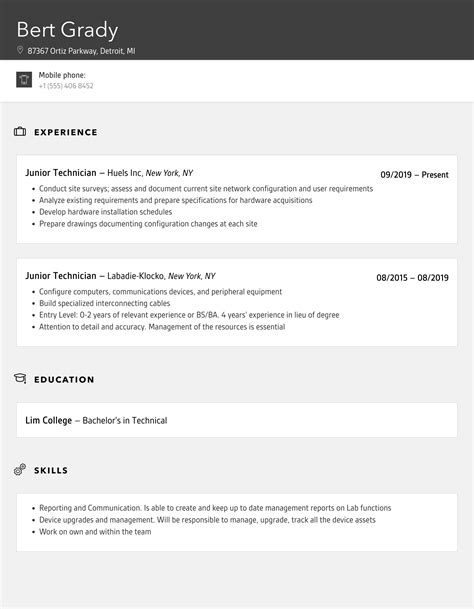 Junior Technician Resume Samples | Velvet Jobs