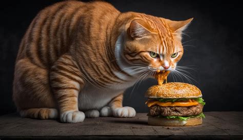 Ginger cat eats burger AI Genertaive 22324074 Stock Photo at Vecteezy