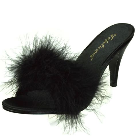 FABULICIOUS High Heel Satin Slide Classic Marabou Slippers Shoes AMOUR ...