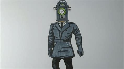 a drawing of a man in a suit with a clock on his head, standing