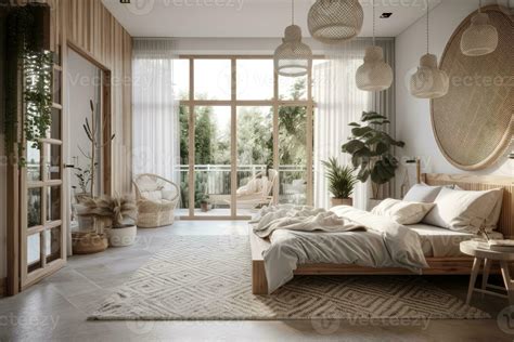 The master bedroom is decorated in boho Scandinavian style with a large ...