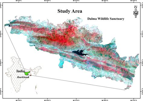 Map showing the location of Dalma Wildlife Sanctuary. The false color ...