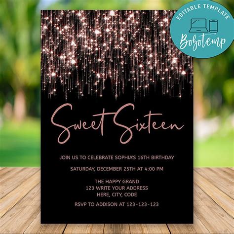 Printable Rose Gold Sweet 16 Birthday Invitations Instant Download - Rose Gold Sweet Sixteenth ...