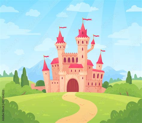 Fairytale landscape with castle. Fantasy palace tower, fantastic fairy ...