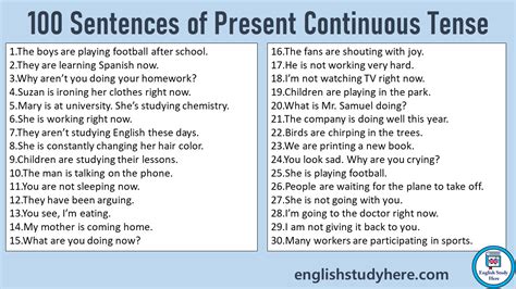 100 Sentences of Present Continuous Tense, Examples of Present Progressive Tense - English Study ...