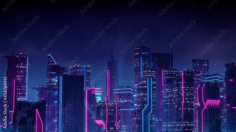 Cyberpunk City Skyline with Blue and Pink Neon lights. Night scene with ...