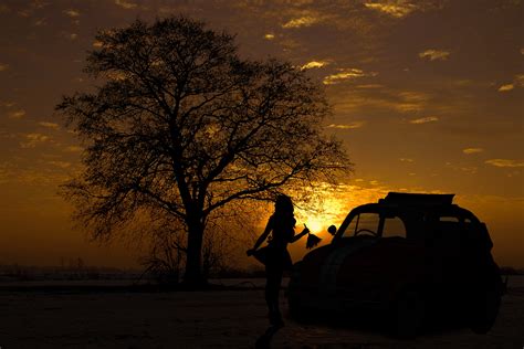 Sunset, Silhouette, Car, Person Free Stock Photo - Public Domain Pictures