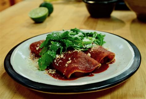 Red Chile Enchiladas with Shellfish and Fresh Garnishes - Rick Bayless