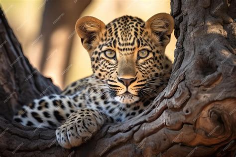 Premium AI Image | A leopard cub peering over a tree branch