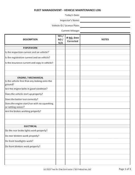 Printable Fleet Management Vehicle Maintenance Log. Construction Truck Visual Inspection Report ...