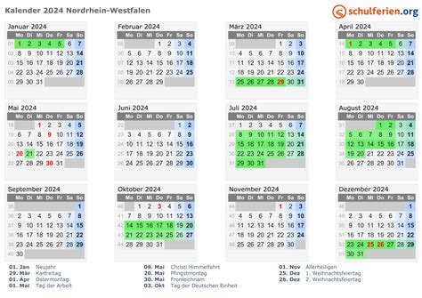 Kalender 2024 + Ferien Nordrhein-Westfalen, Feiertage