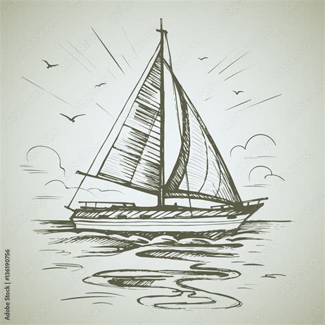 Sailing boat scene vector sketch isolated with reflection. Sea yacht ...