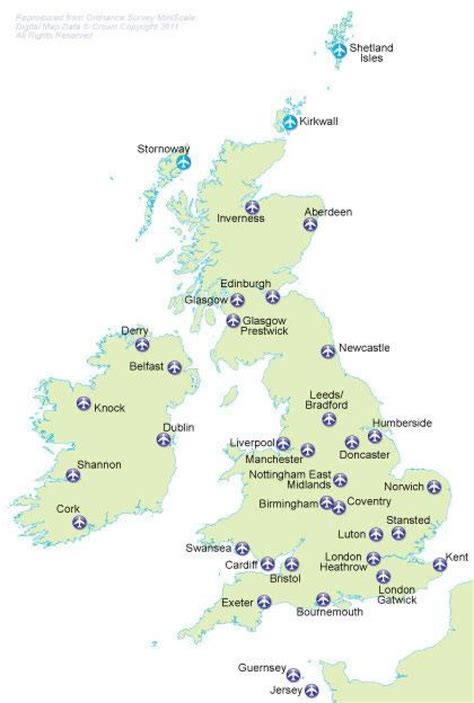 Map UK airports locations - Blank map of UK printable (Northern Europe - Europe)