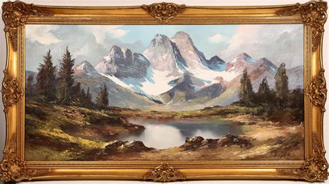 Sold Price: Snowy Mountain Lake Landscape Oil Painting Signed L. Goll ...