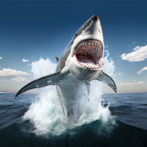 Great White Shark Jumping Out of Water with Huge Open Mouth and Tooth ...