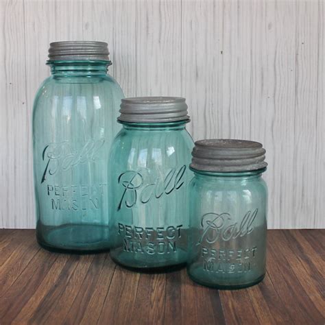 Vintage Blue Glass Ball Mason Jar Set of 3 with Tin Lids No Line Logo 1900-1900 Pint Quart Half ...